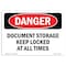 Signmission OSHA Danger Sign, 7" Height, Rigid Plastic, Document Storage Keep Locked At All Times, Landscape OS-DS-P-710-L-2326 - alternate 1